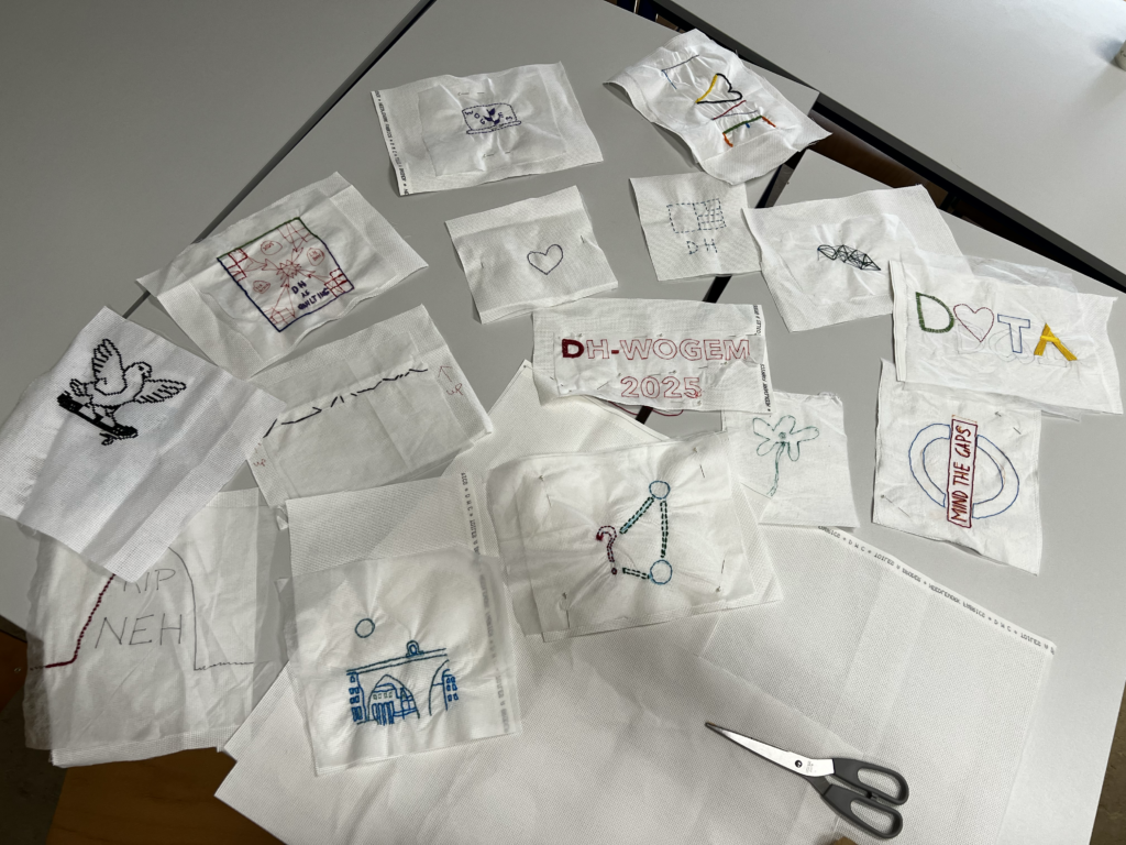 The embroidery created by DH-WoGeM members at the ADHO 2025 Conference (Lisbon)