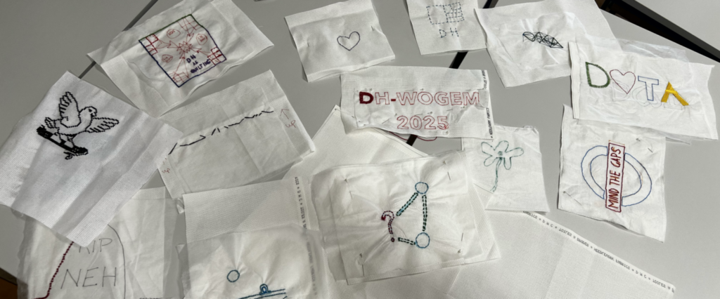 The embroidery created by DH-WoGeM members at the ADHO 2025 Conference (Lisbon)
